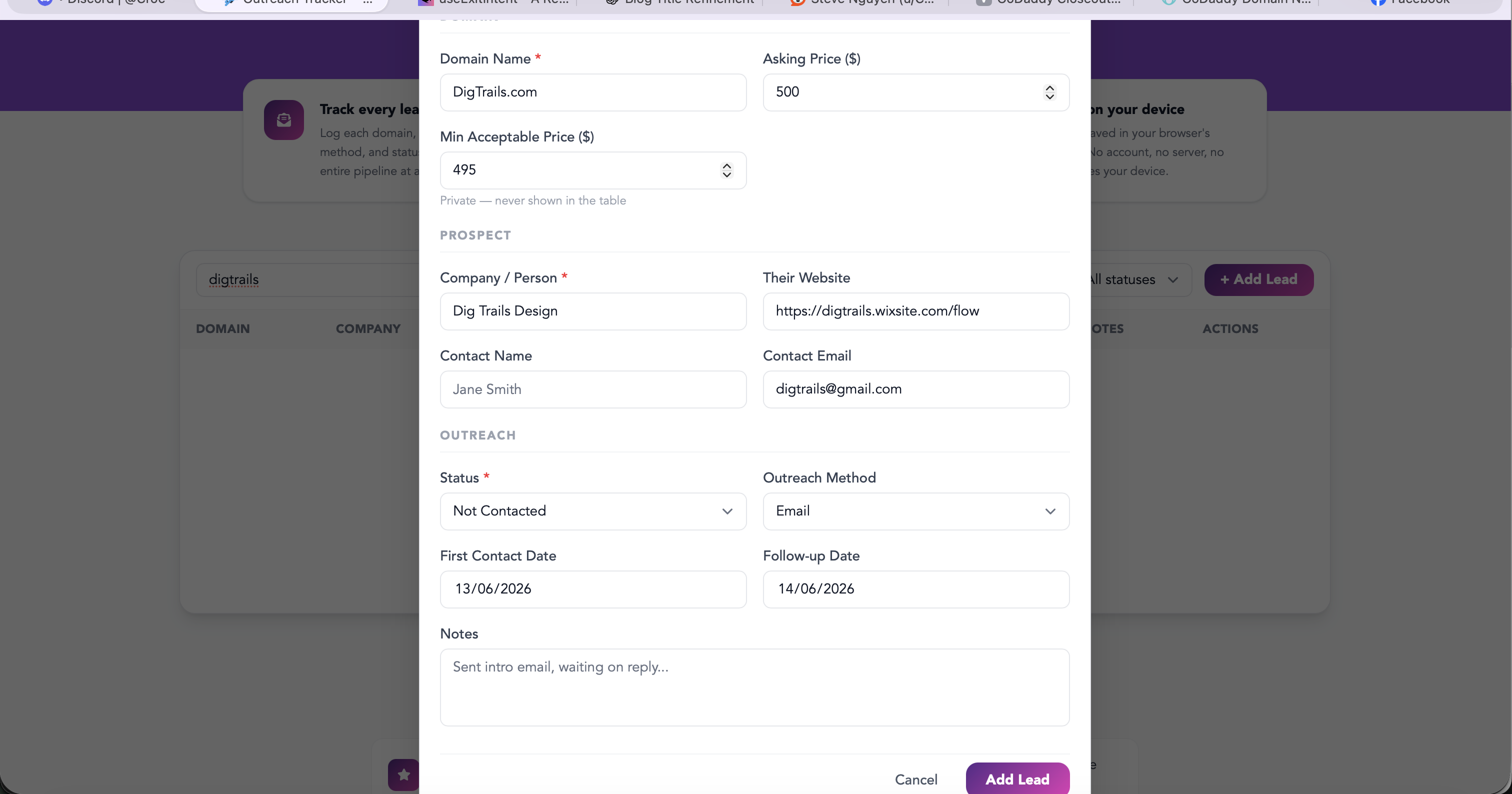 The add-lead form is where the buyer thesis starts becoming concrete